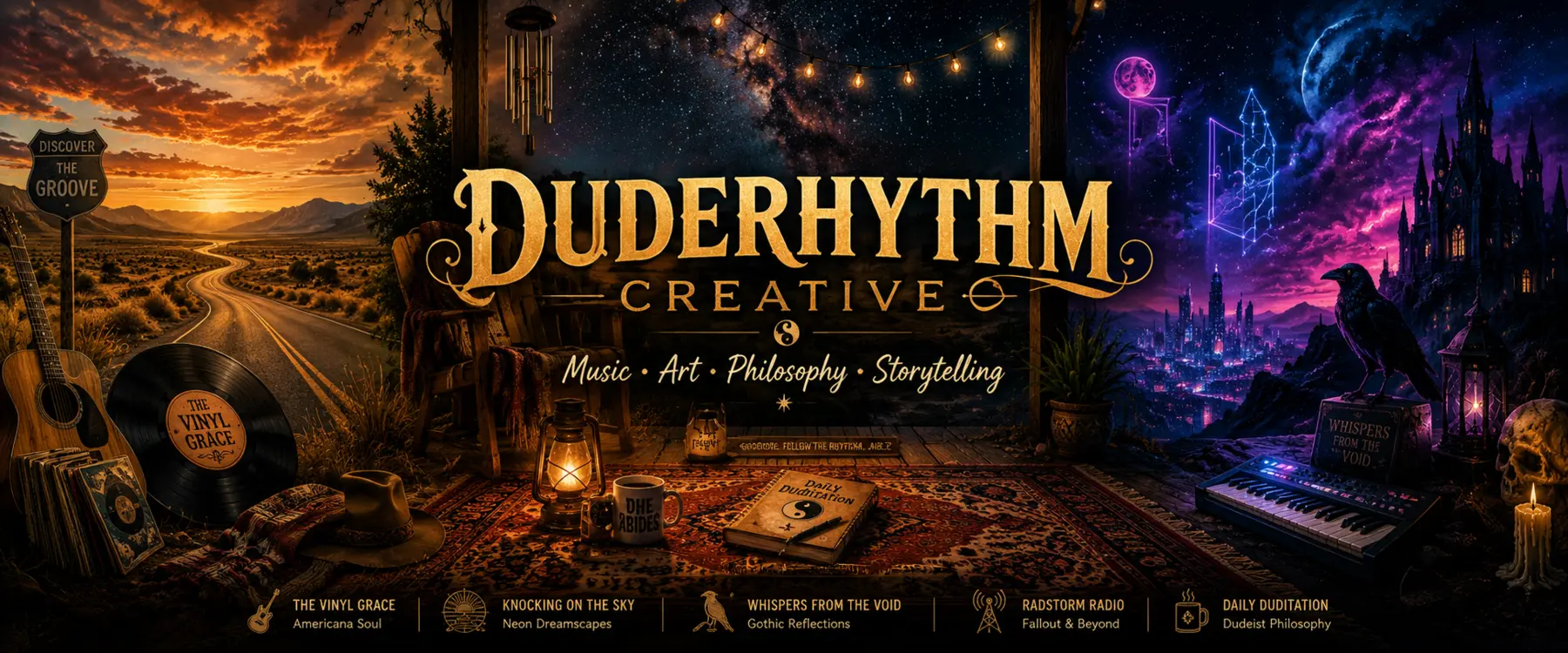 Duderhythm Creative collage of Americana, records, cosmic art, and creative tools