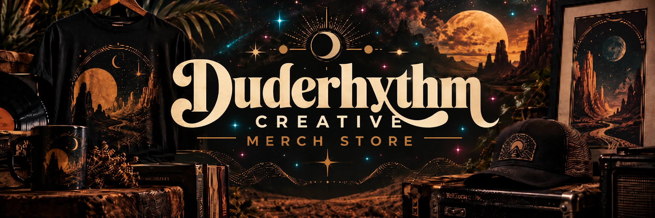 Duderhythm Creative Merch Store — celestial artwork on shirts, mugs, a cap, records, and framed prints